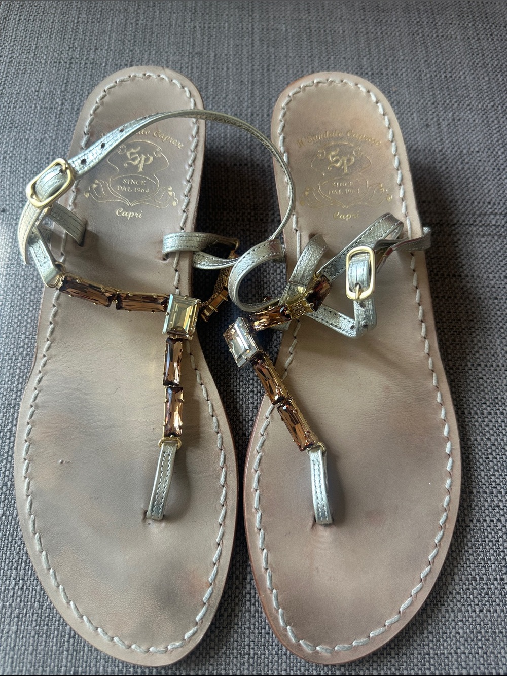 Embellished Gold Leather T-Strap Sandals